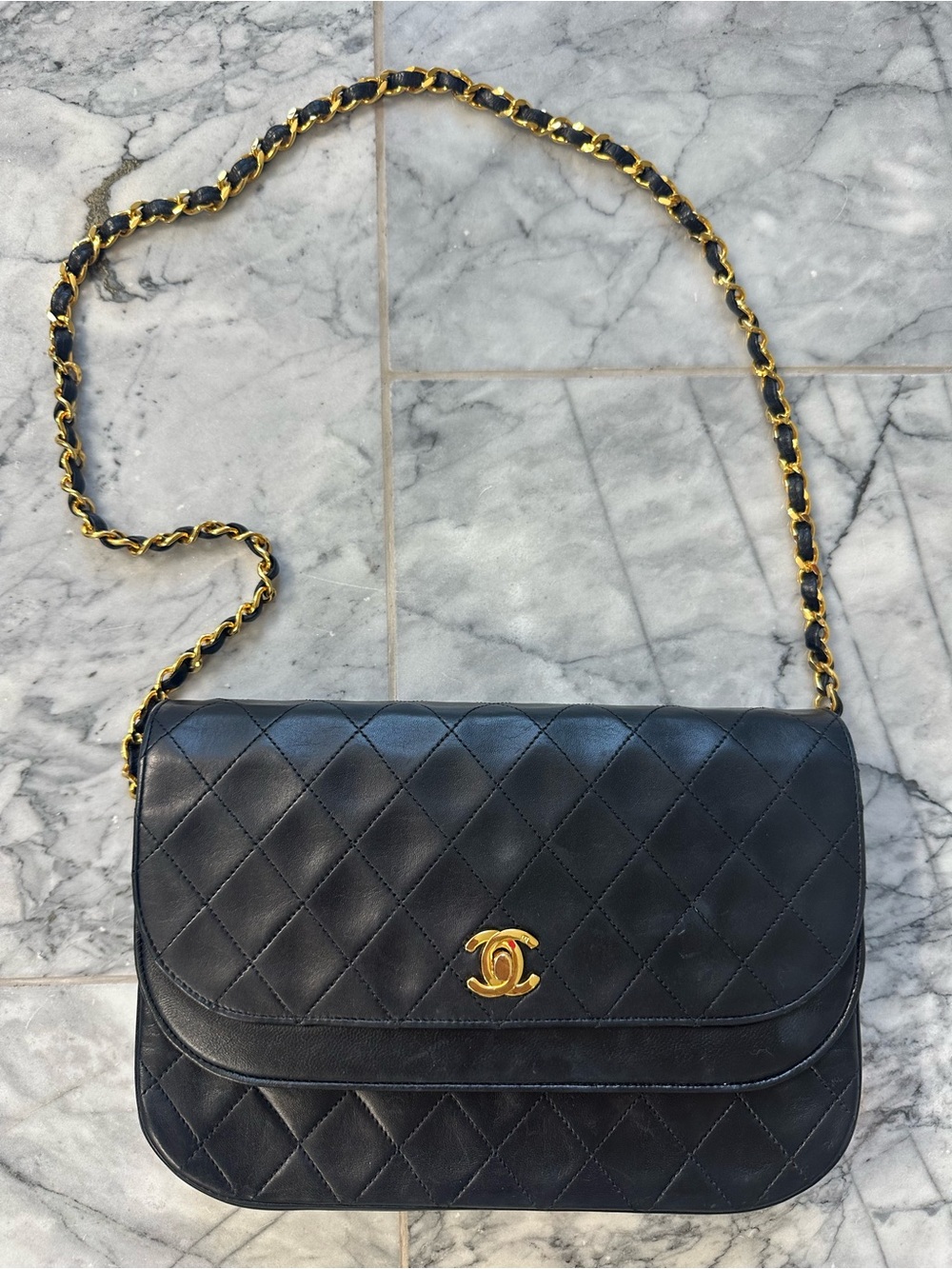 VINTAGE Chanel Half Moon Double Flap Black Gold Quilted Shoulder Bag
